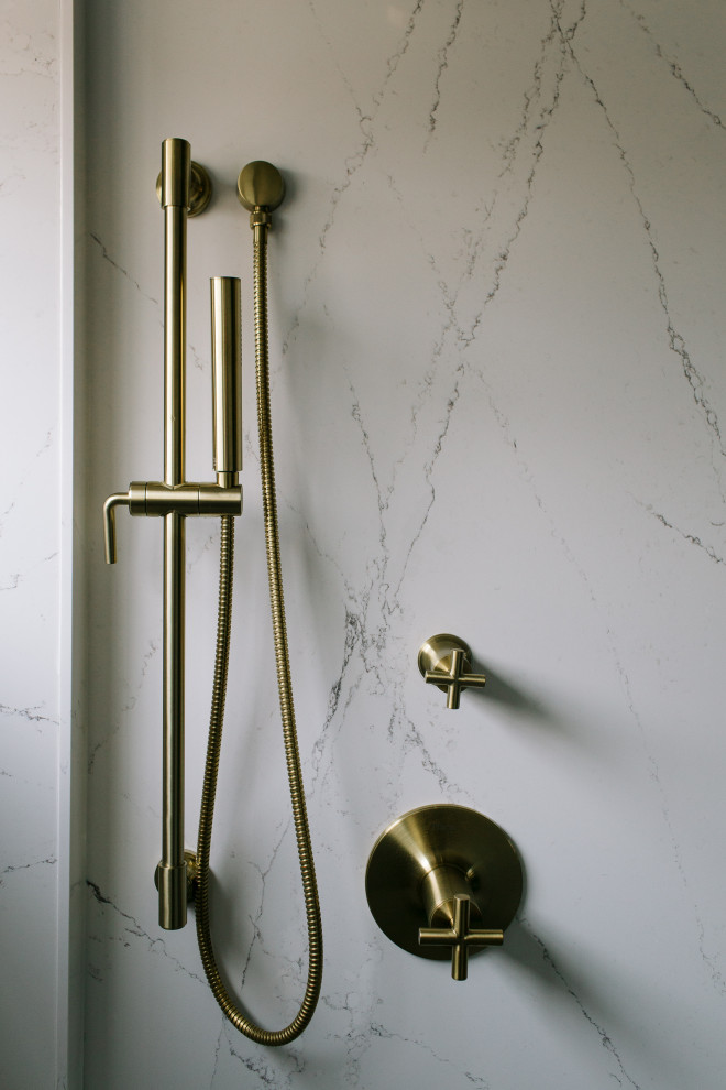 Alcove shower - transitional white tile and marble tile alcove shower idea in Dallas