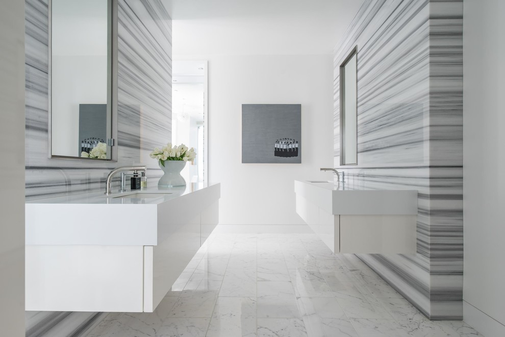 Design ideas for a large contemporary master bathroom in Boston with flat-panel cabinets, white cabinets, gray tile, marble, white walls, marble floors, engineered quartz benchtops, white floor and white benchtops.