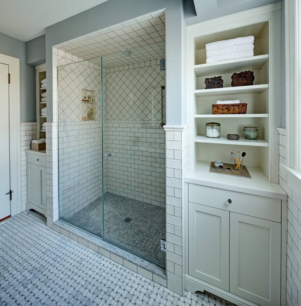 Traditional bathroom in Newark with subway tile.