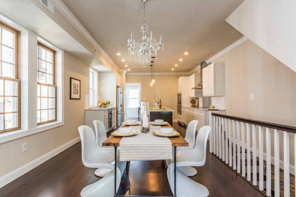 Inspiration for a transitional kitchen/dining combo in Philadelphia with beige walls and dark hardwood floors.