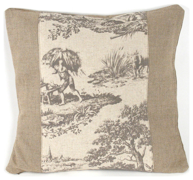 French Country Burlap Grey Toile Toss Pillow - 19x19