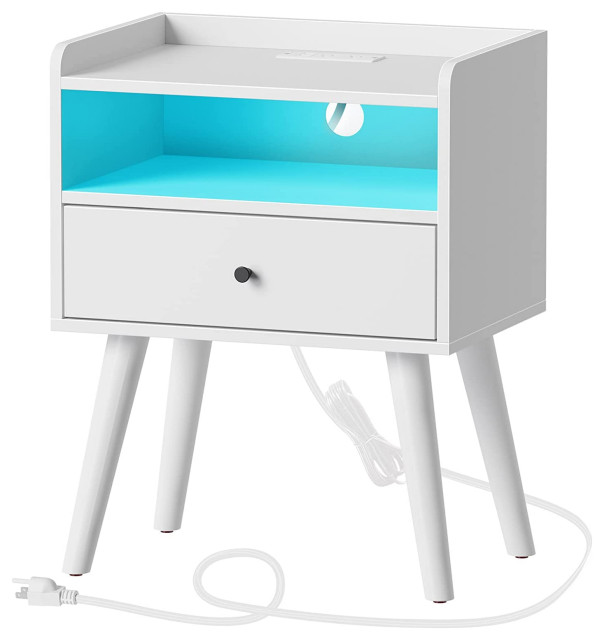MidCentury Modern Nightstand with Charging Station and LED Lights