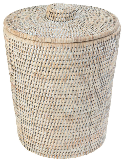La Jolla Rattan Round Waste Basket With Plastic Insert Lid White La Jolla Rattan Round Waste Basket With Plastic Insert Lid White Wash