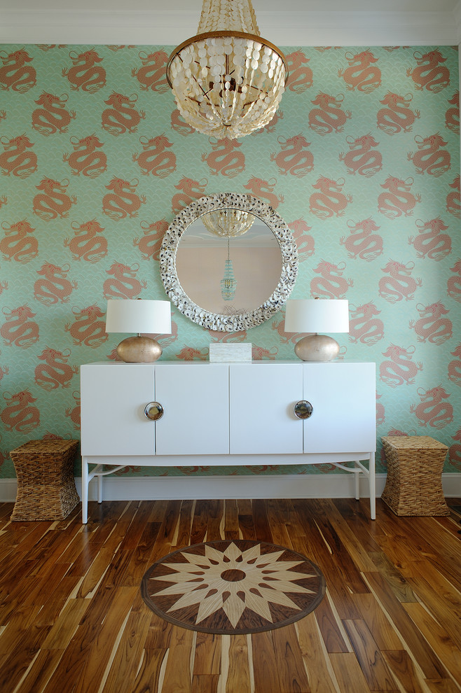 Inspiration for a beach style hallway in Philadelphia with multi-coloured walls and medium hardwood floors.