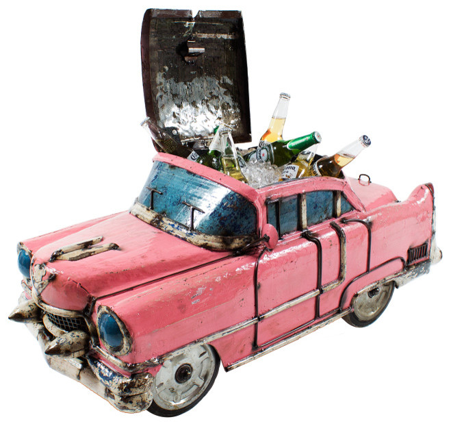 Think Outside Classic Pink Caddy Sedan Car Metal Cooler With Functional Wheels