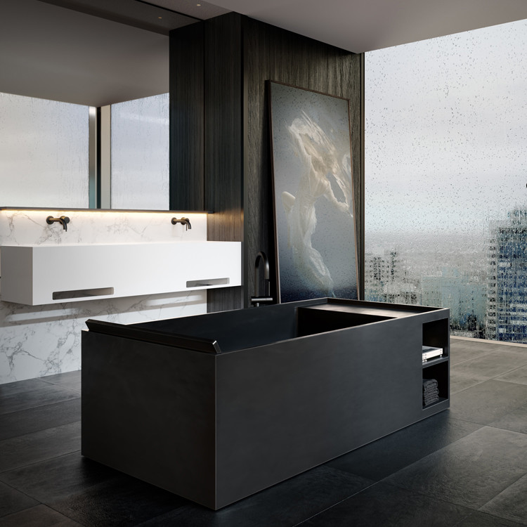 Design ideas for a large contemporary master bathroom with a freestanding tub, white tile, marble, an integrated sink, black floor and a double vanity.