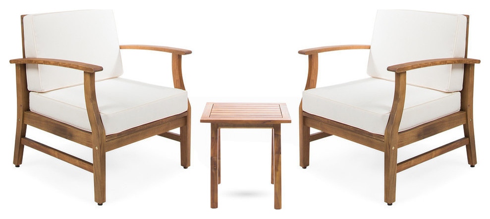 GDF Studio 3-Piece Pearl Outdoor Acacia Wood Chat Set With Cushions, Cream