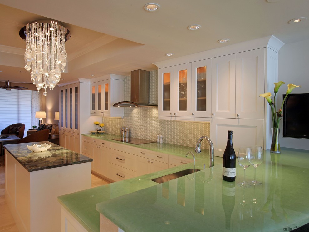 Inspiration for a huge transitional kitchen remodel in Miami with an undermount sink, recessed-panel cabinets, marble countertops, stainless steel appliances and an island