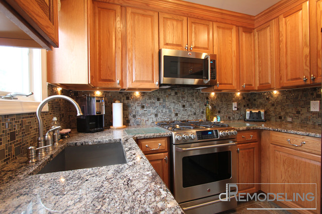 Natural Oak Cabinets With Glass Mosaic Backsplash Natural Oak Cabinets With Glass Mosaic Backsplashtraditional Kitchen Philadelphia