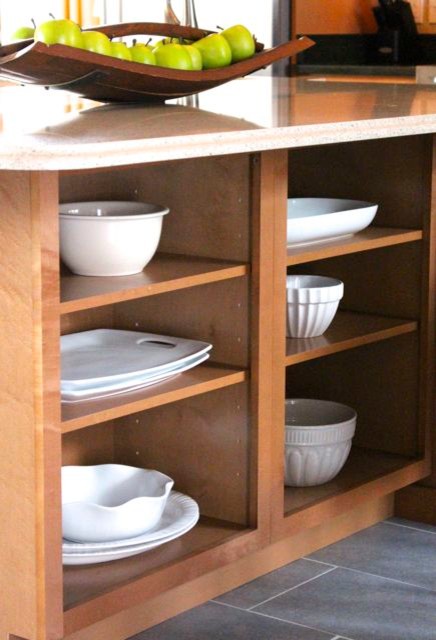 Inspiration for a large transitional porcelain tile open concept kitchen remodel in DC Metro with a farmhouse sink, raised-panel cabinets, medium tone wood cabinets, quartz countertops, beige backsplash, mosaic tile backsplash, stainless steel appliances and an island