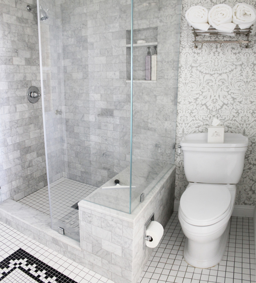 Mid-sized transitional 3/4 bathroom in Los Angeles with a corner shower, a one-piece toilet, white tile, subway tile, grey walls, ceramic floors and a drop-in sink.