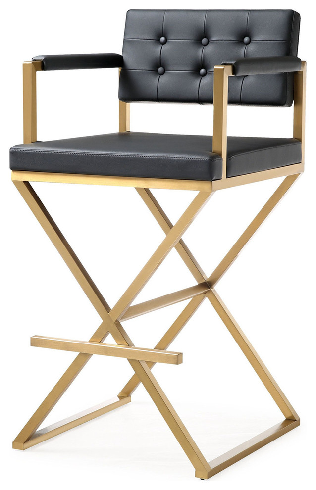 Director Gold Bar Stool, Faux Black Leather Bar Stool, Modern Glam