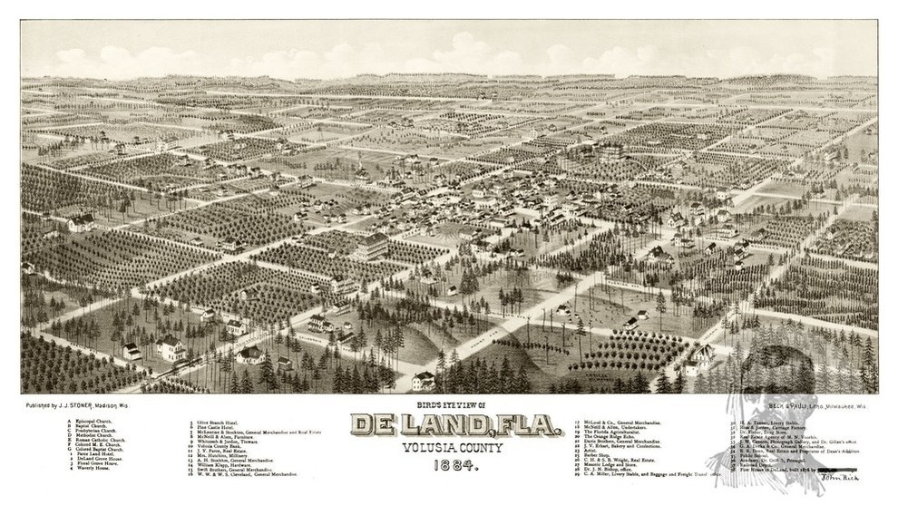 Bird/'s Eye View 1884 De Land Florida Vintage Style City Map 24x36