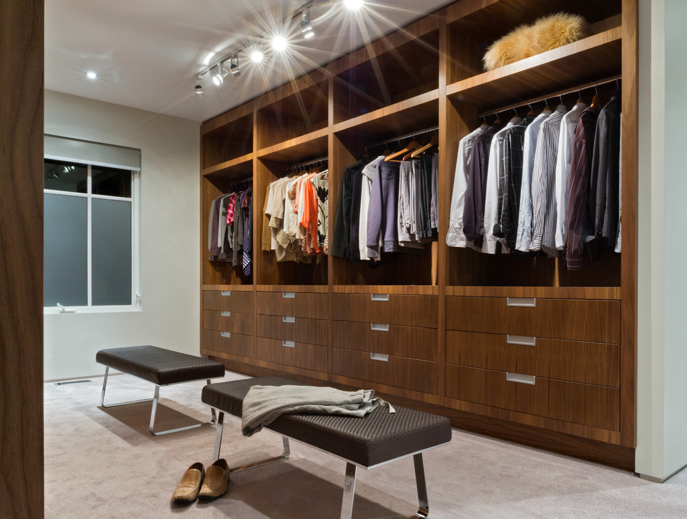 Photo of a large modern gender-neutral dressing room in Toronto with flat-panel cabinets, medium wood cabinets and carpet.