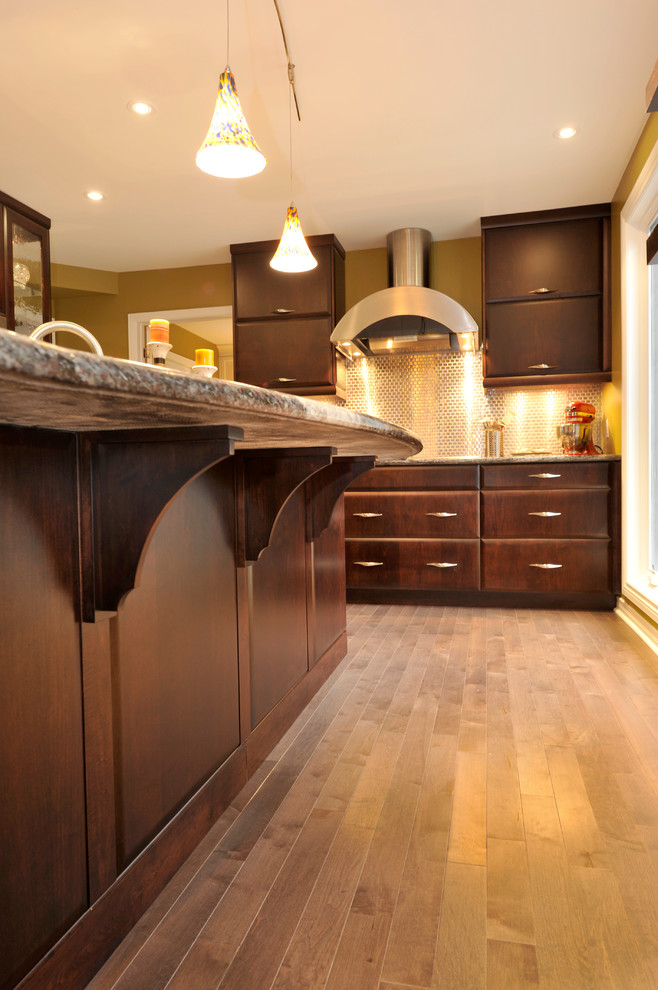 Example of a transitional dark wood floor kitchen design in Toronto with a double-bowl sink, flat-panel cabinets, dark wood cabinets, granite countertops, mirror backsplash, stainless steel appliances and an island