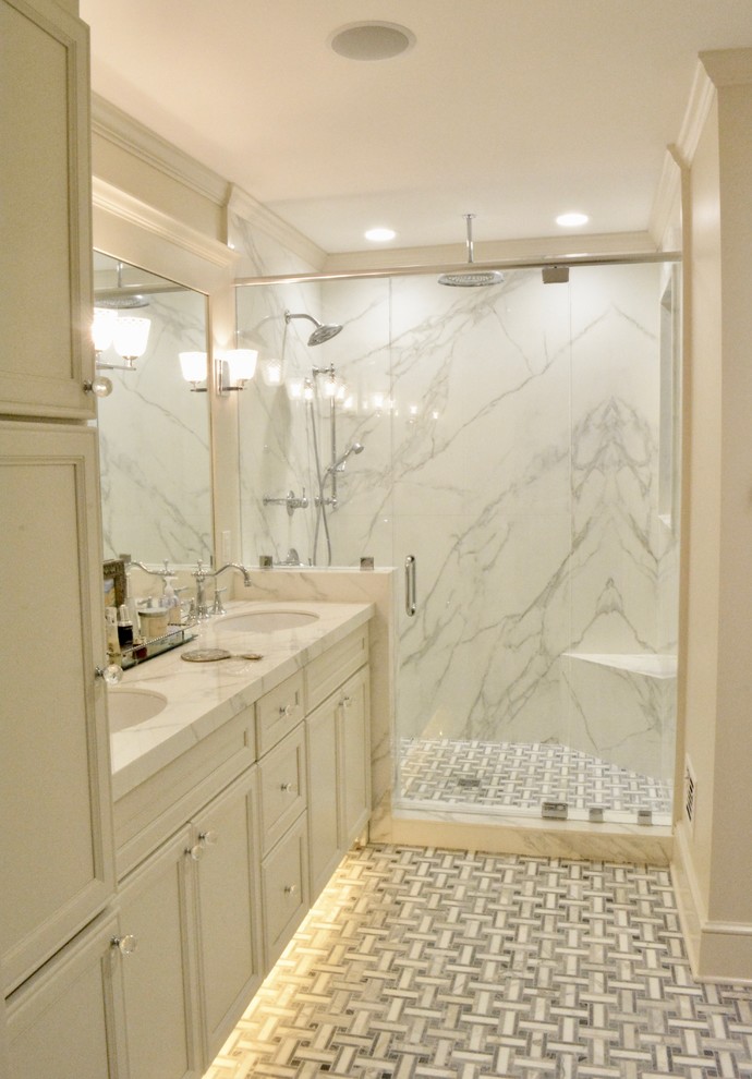 Mid-sized traditional master bathroom in Richmond with recessed-panel cabinets, white cabinets, an open shower, white walls, a drop-in sink, grey floor and a hinged shower door.