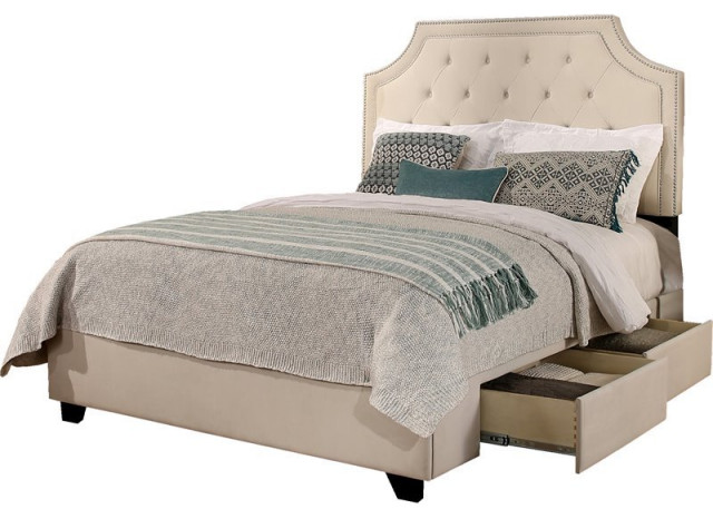 Audrey Fabric Upholstered "Steel-Core" Platform Queen Bed/2-Drawers in Ivory