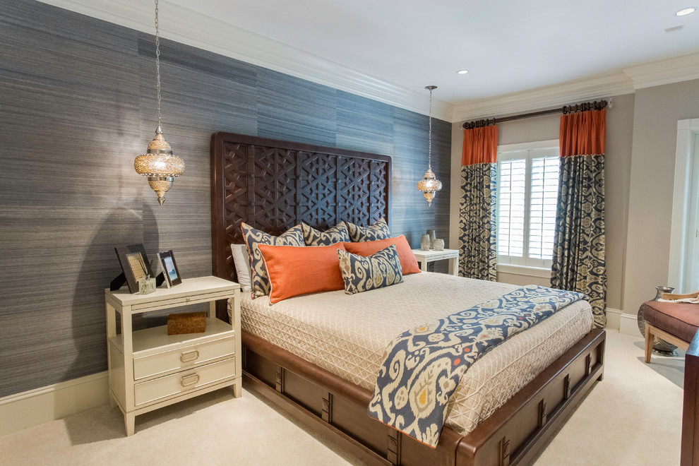 Bedroom - mid-sized transitional master carpeted and beige floor bedroom idea in Miami with blue walls and no fireplace