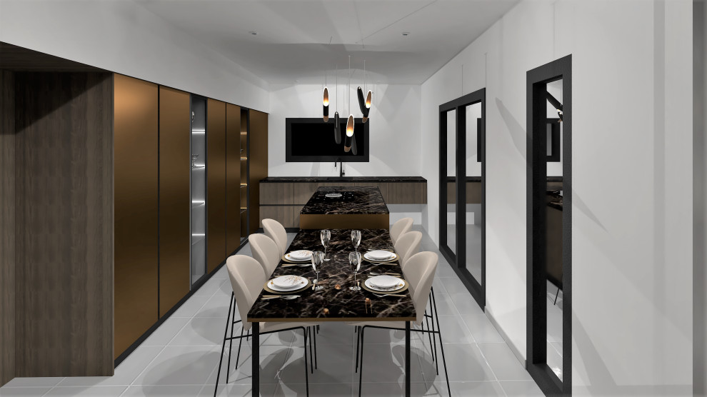 Inspiration for a large contemporary l-shaped open plan kitchen in Montpellier with flat-panel cabinets, dark wood cabinets, marble benchtops, ceramic floors, with island, beige floor and black benchtop.