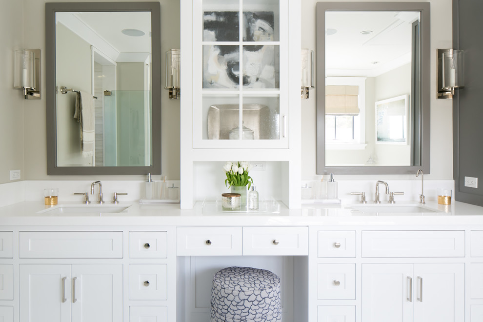 Inspiration for a transitional master bathroom in Orange County with an undermount sink, shaker cabinets, white cabinets and beige walls.