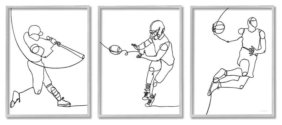 Simple Line Doodle People Playing Baseball Football Basketball, 3pc, each 11x14