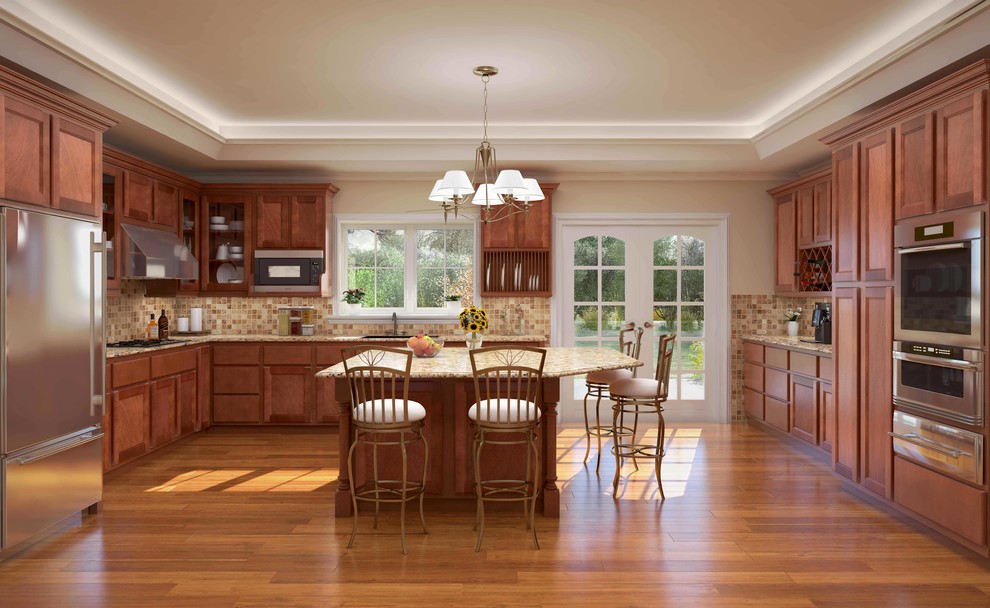 Elegant kitchen photo with shaker cabinets, medium tone wood cabinets, granite countertops and stainless steel appliances