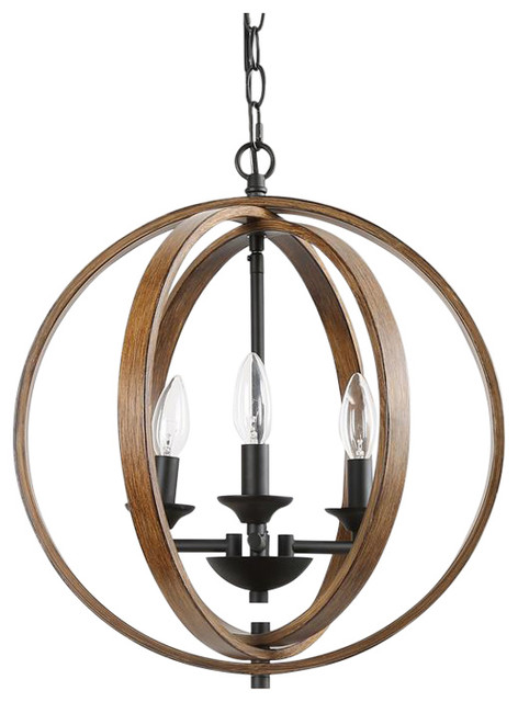 3 Light Farmhouse Orb Hanging, Iron And Wood Orb Chandelier