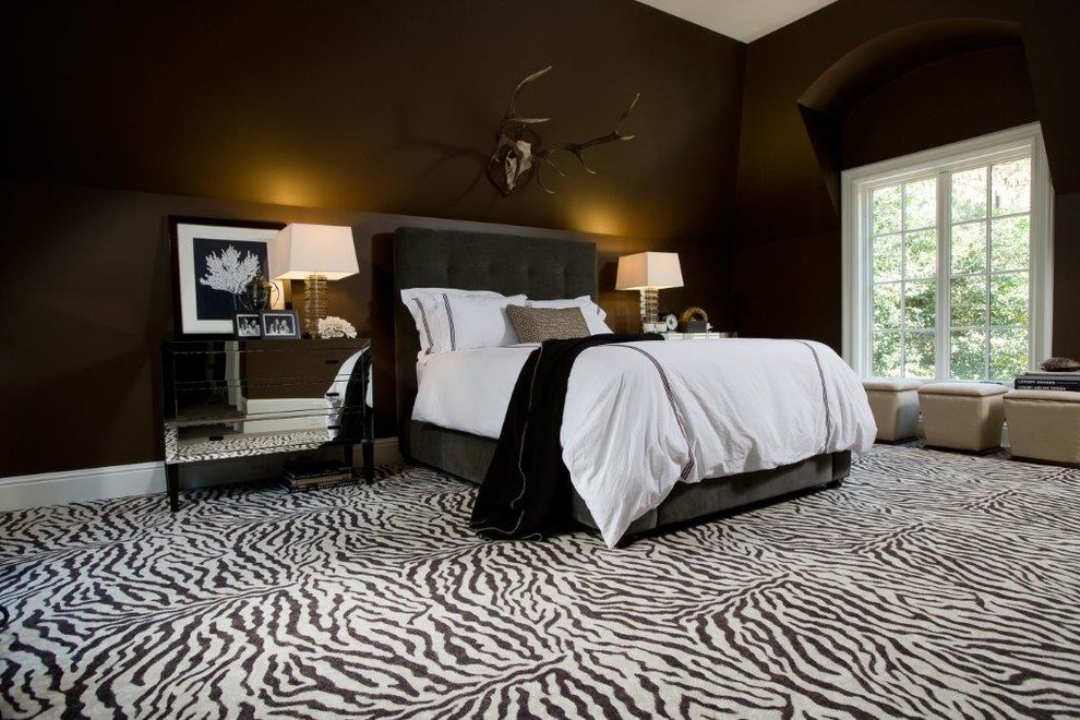 Large transitional master bedroom in Houston with black walls, carpet, no fireplace and multi-coloured floor.