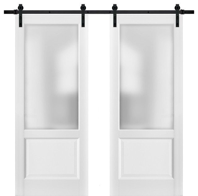 Double Barn Doors 72x80 & 13FT Hardware|Lucia 22 Matte White & Glass |Wood Panel