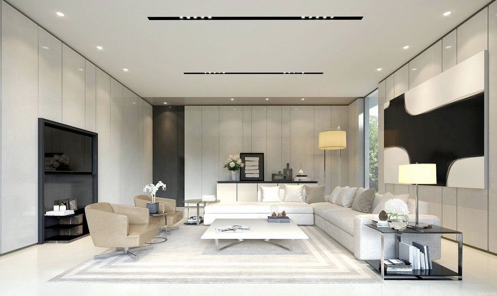 Inspiration for a large modern formal open concept living room in Miami with grey walls, carpet, no fireplace and no tv.