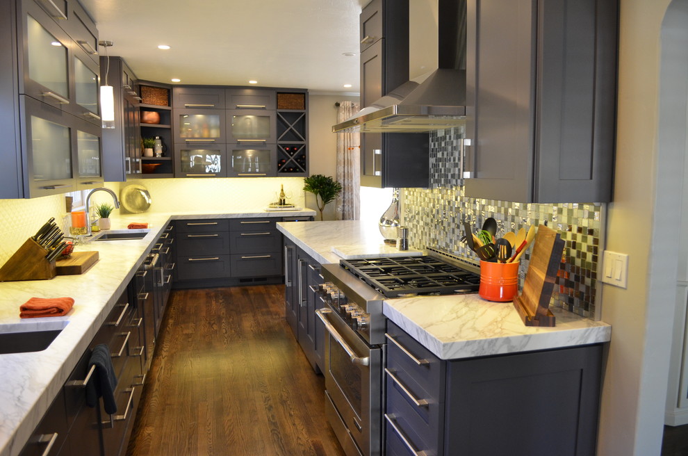 Inspiration for a large contemporary kitchen in Sacramento with an undermount sink, shaker cabinets, grey cabinets, marble benchtops, multi-coloured splashback, glass tile splashback, stainless steel appliances, dark hardwood floors and no island.