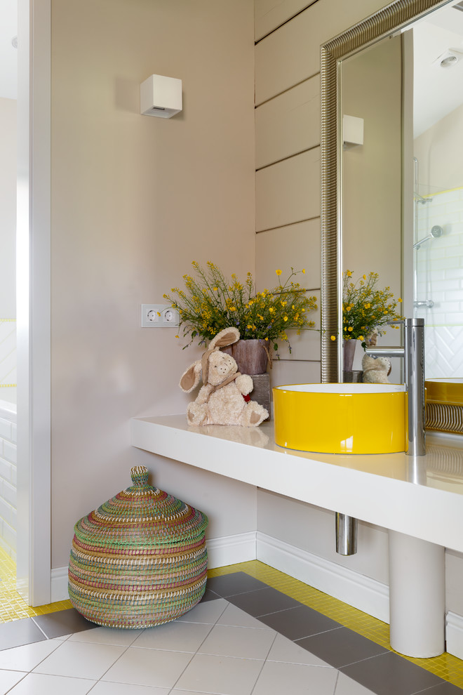 This is an example of a large contemporary kids bathroom in Saint Petersburg with white cabinets, beige walls, porcelain floors, a vessel sink, solid surface benchtops, grey floor, white benchtops and open cabinets.