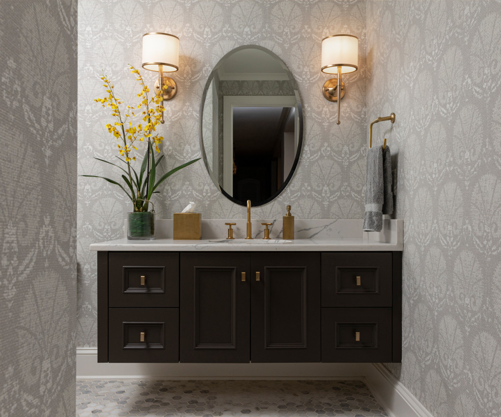 Mid-sized transitional bathroom in Kansas City with recessed-panel cabinets, dark wood cabinets, grey walls, mosaic tile floors, an undermount sink, quartzite benchtops, grey floor and white benchtops.