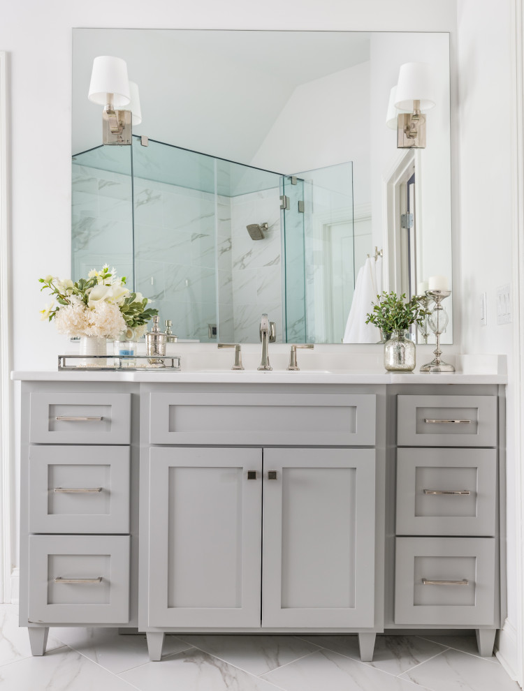 This is an example of a transitional master bathroom in Nashville with shaker cabinets, grey cabinets, white walls, engineered quartz benchtops, white floor, white benchtops, a single vanity and a freestanding vanity.