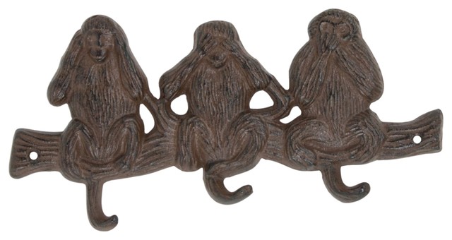 Cast iron 3 wall hooks Monkeys SEE HEAR SPEAK NO EVIL Rustic style Coat hook