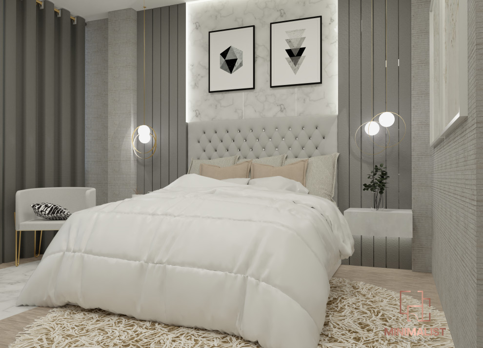 Стильный дизайн: хозяйская, серо-белая спальня среднего размера в скандинавском стиле с серыми стенами, мраморным полом, белым полом и кирпичными стенами - последний тренд