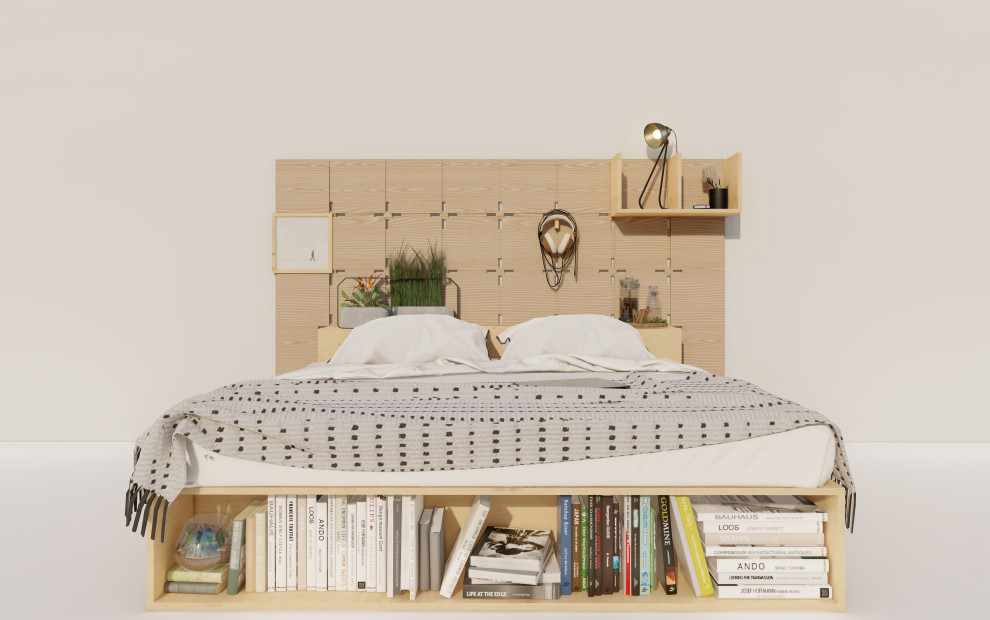 Kleines Schlafzimmer mit beiger Wandfarbe und Holzwänden in Denver
