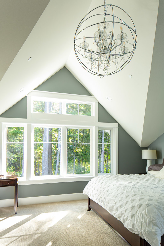 Design ideas for a large traditional master bedroom in Seattle with grey walls, carpet, no fireplace and beige floor.