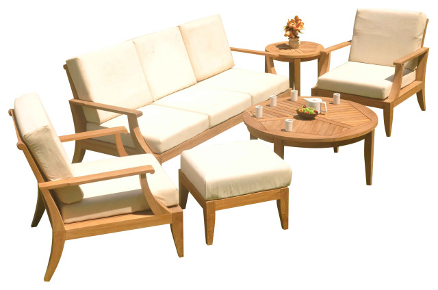 6-Piece Lagos Outdoor Teak Sofa Set With Sunbrella Cushions Spectrum Almond