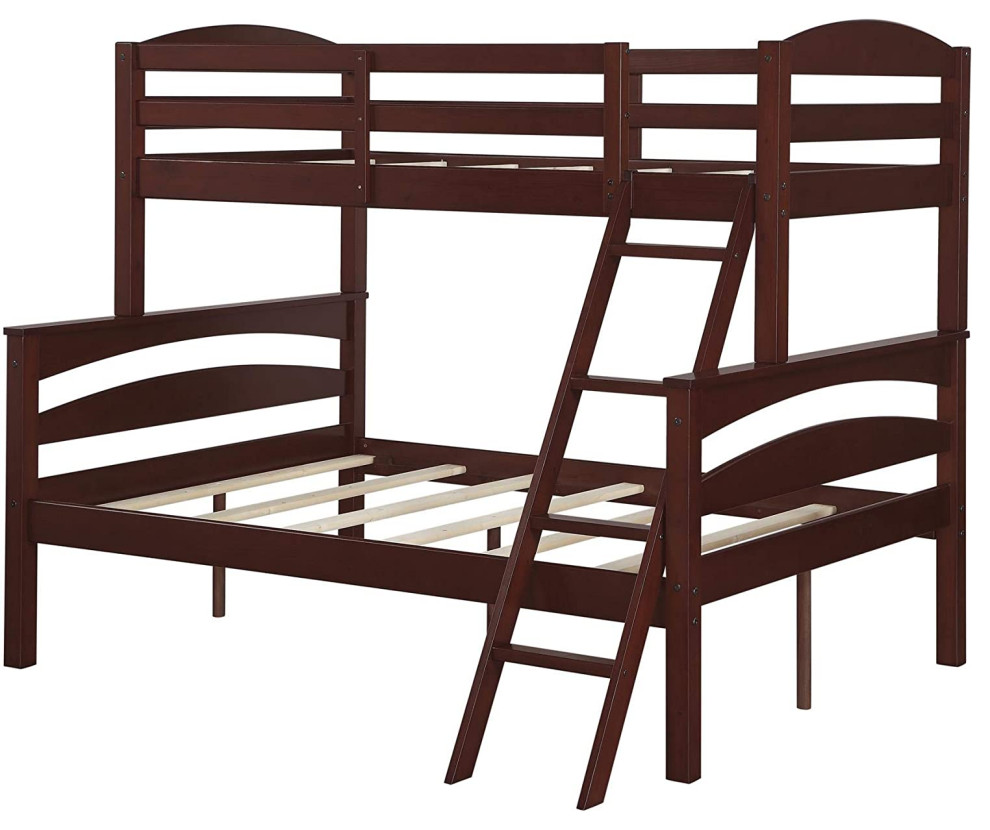 Twin Over Full Bunk Bed, Slat Support With Ladder and Guardrails