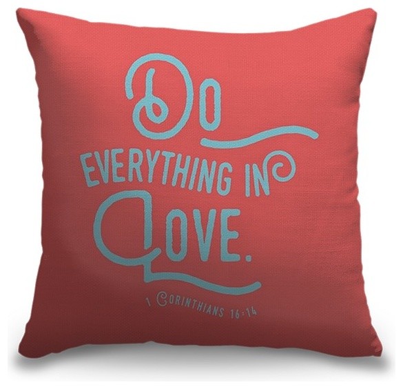 "1 Corinthians 16:14 - Scripture Art in Teal and Coral" Pillow 16"x16"
