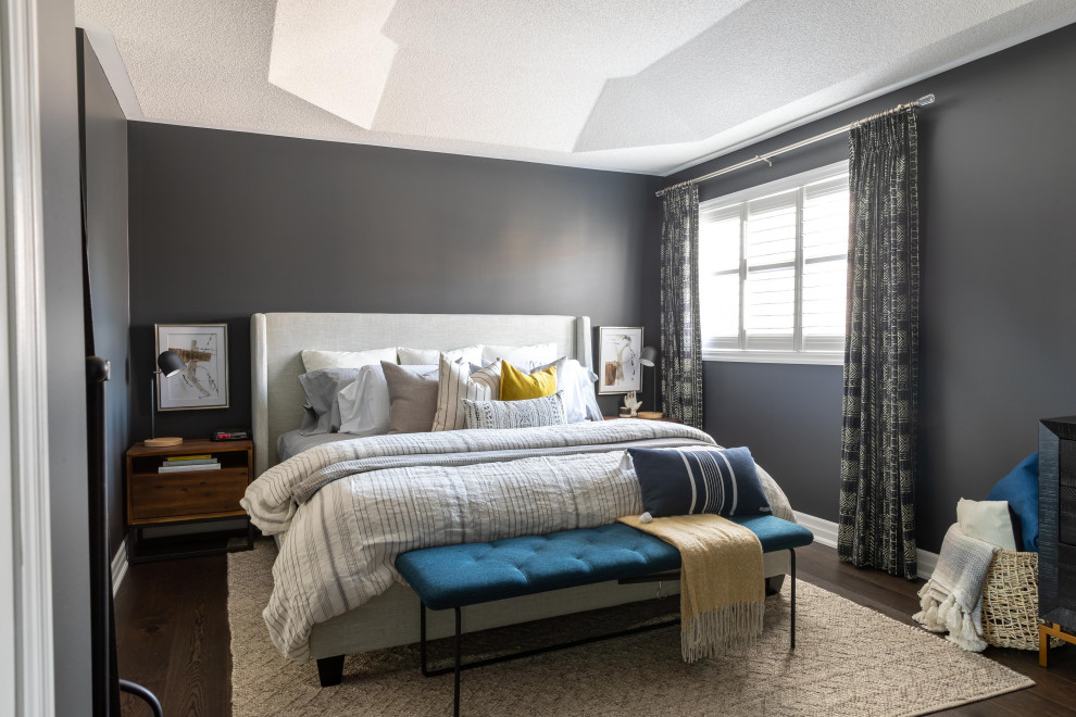 Mid-sized transitional master bedroom in Toronto with grey walls, dark hardwood floors, no fireplace and brown floor.