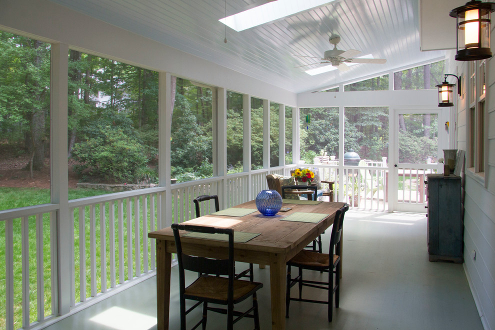 Design ideas for a large transitional backyard screened-in verandah in Raleigh with decking and a roof extension.