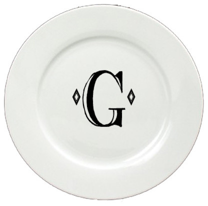 Letter G Initial Monogram Retro Ceramic White Dinner Plate CJ1058-G-DPW-11