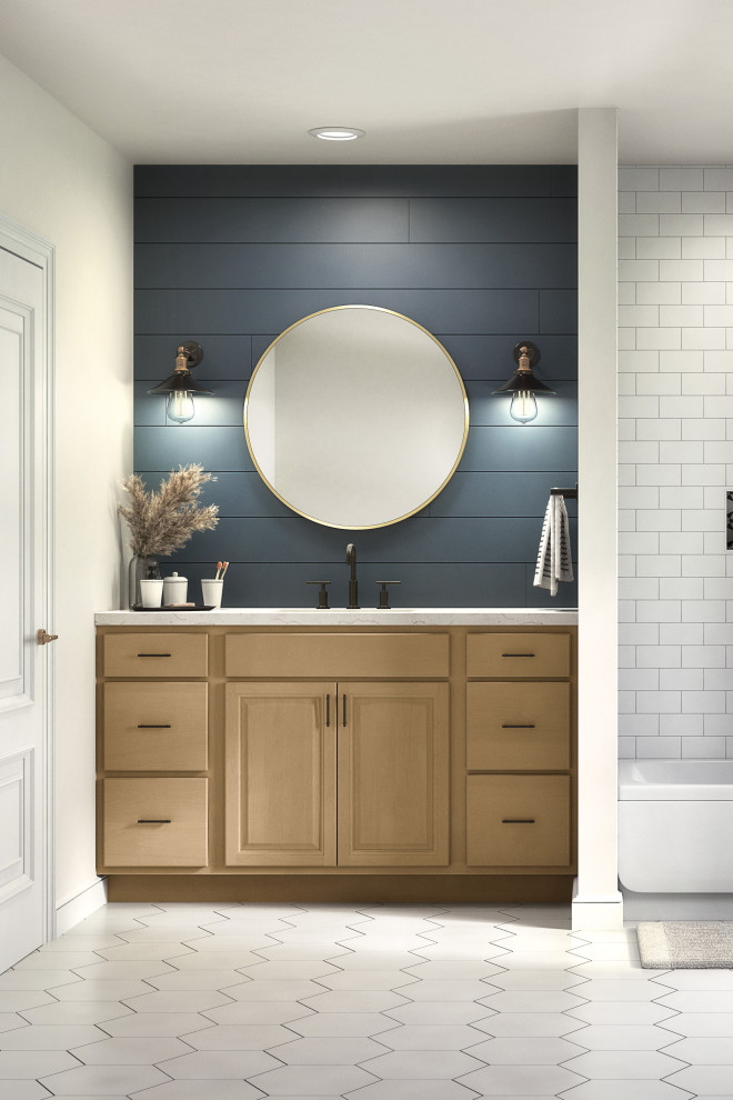 This is an example of a transitional bathroom in Other with raised-panel cabinets, medium wood cabinets, an open shower, blue tile, white walls, ceramic floors, solid surface benchtops, white floor, an open shower, white benchtops, a single vanity and a built-in vanity.