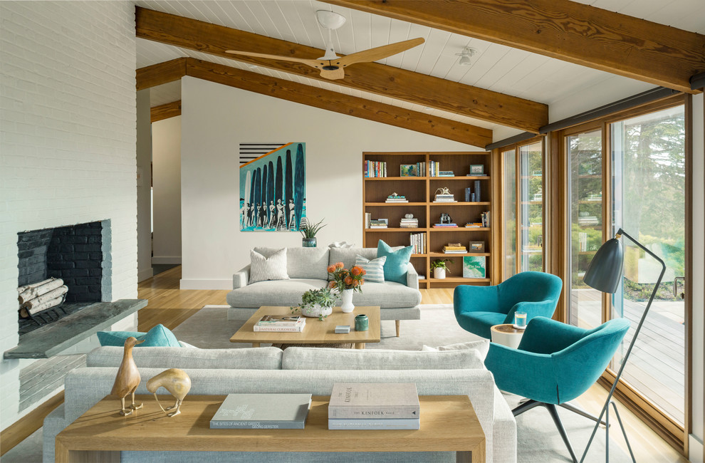 Inspiration for a large coastal living room remodel in Boston with white walls, no tv, a ribbon fireplace and a brick fireplace