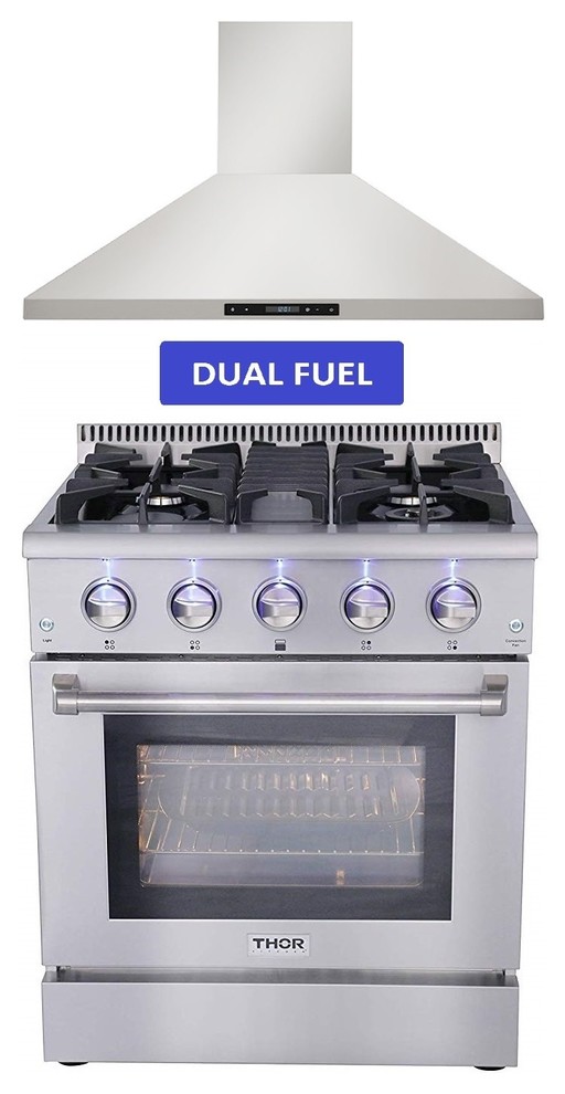 Thor Kitchen 30" Dual Fuel Range & 30" Range Hood Contemporary Gas