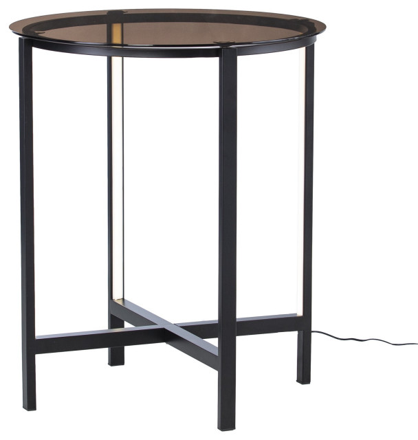 Modern End Table, Matte Black Metal Legs With Tinted Glass Top & LED