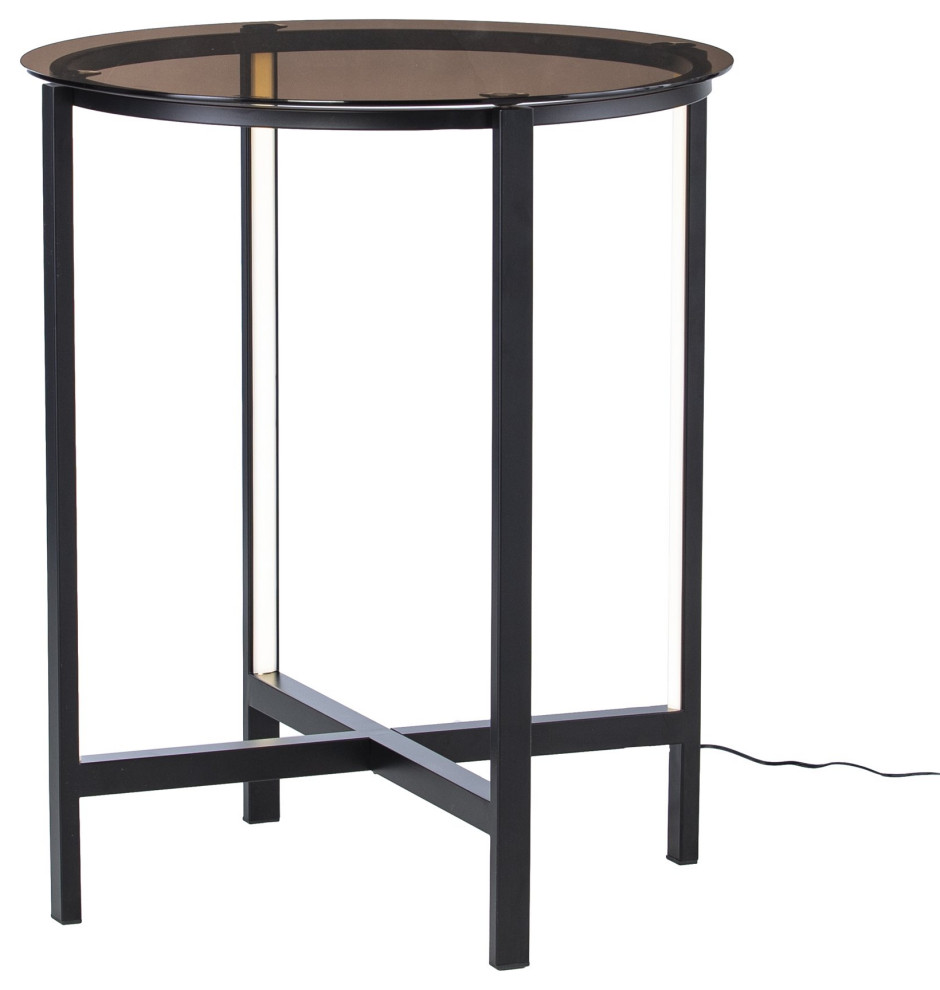 Modern End Table, Matte Black Metal Legs With Tinted Glass Top & LED