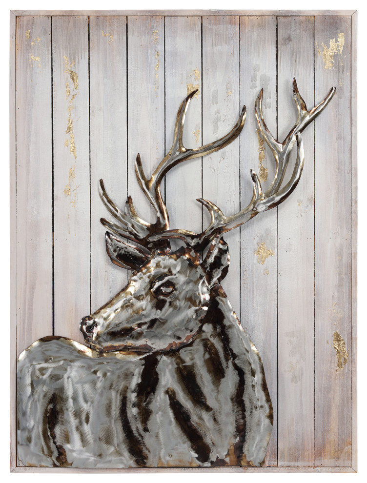 "Deer 2" Hand Painted Iron Wall Sculpture on Slatted Solid Wood Wall Art 40"x30" Rustic